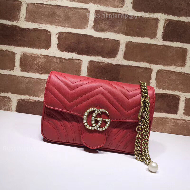 Gucci GG Marmont Chain Belt Bag With Pearls Red 476809